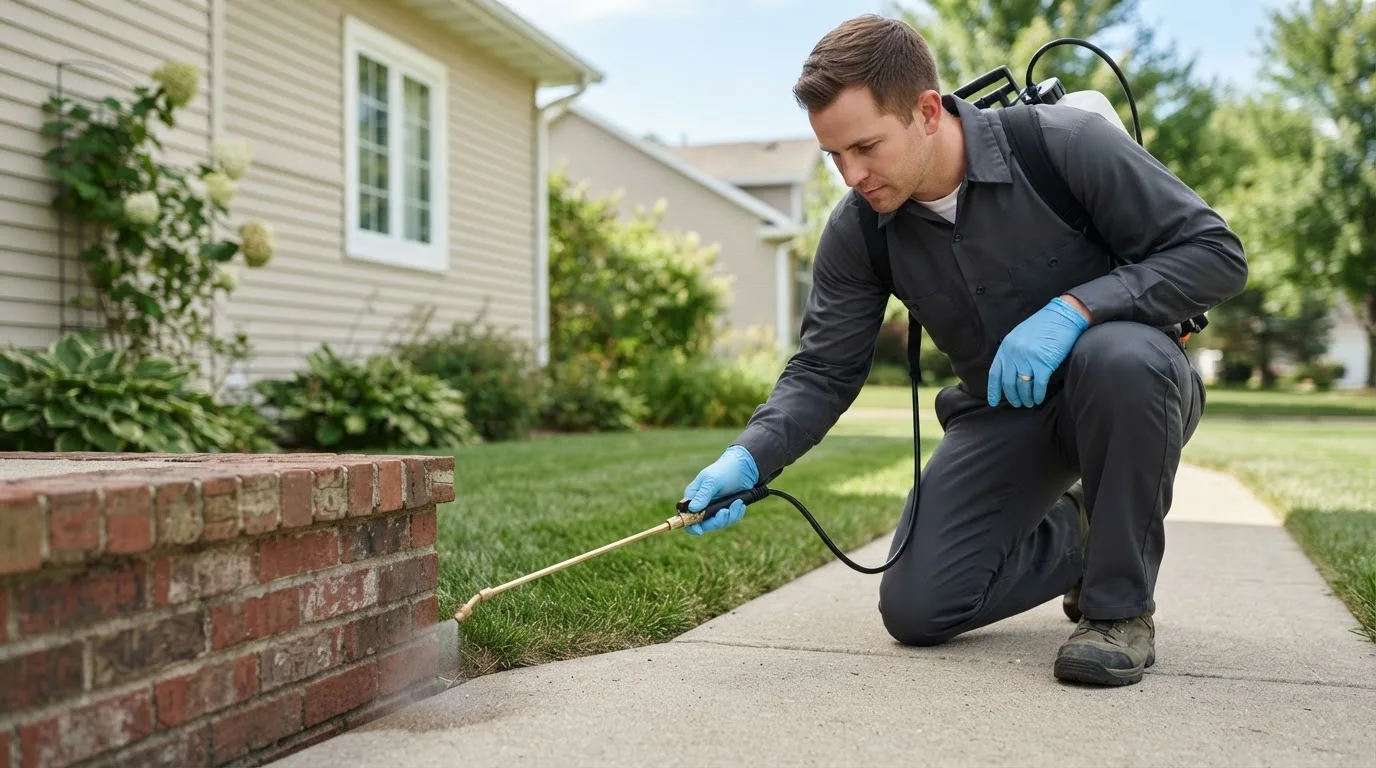 Pest control technician treating a home near Loup City, NE