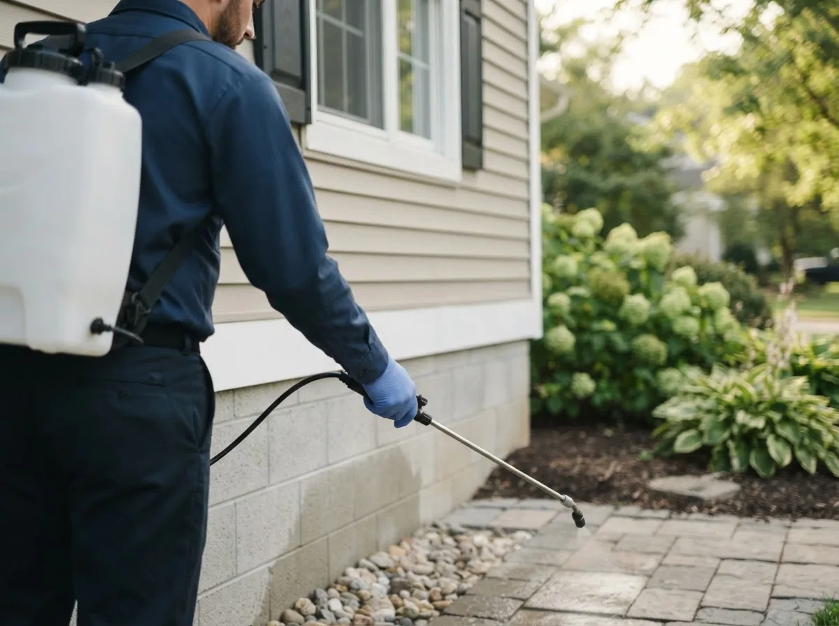 Pest control technician inspecting a home in Loup City, NE